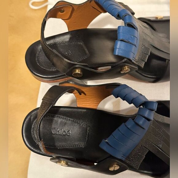 Chloe Black Leather Fringes Block Heel Sandals Size 38 - Picture 6 of 13